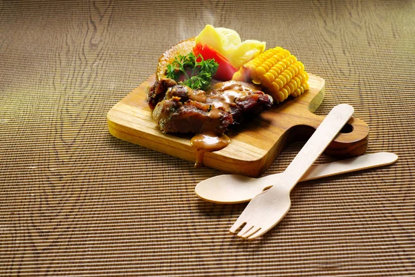 Pork Steak Vegetables Wooden Board — Stock Photo, Image