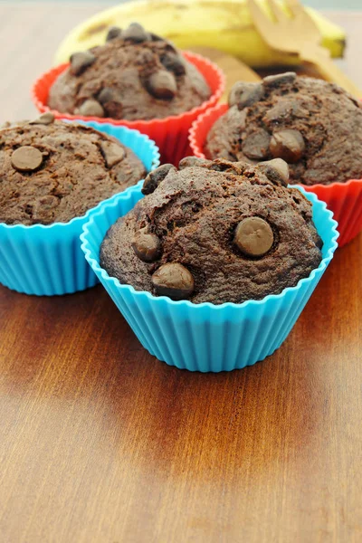 Chocolate Banana Cupcakes Wooden Table — Stock Photo, Image