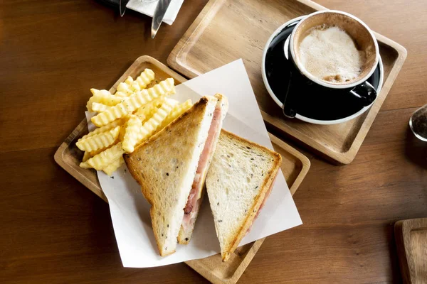 Hora Café Com Café Sanduíches Presunto Queijo — Fotografia de Stock