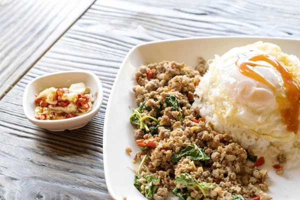 Fried Rice Minced Pork Basil Fried Egg — Stock Photo, Image