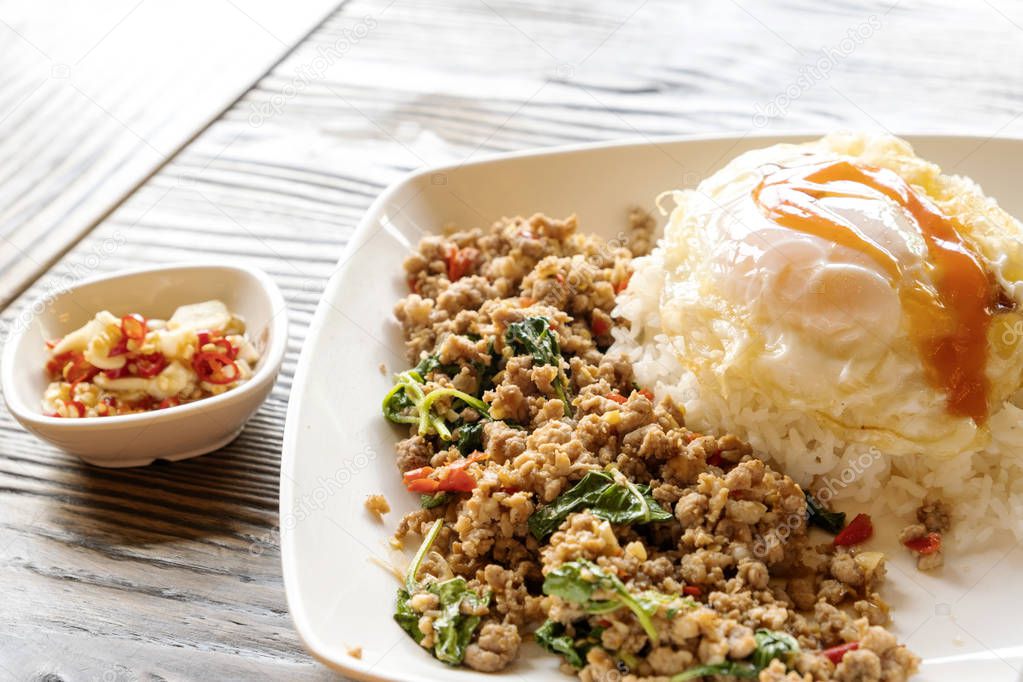 Fried rice with minced pork basil and fried egg