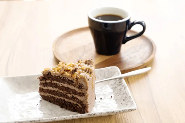Hot Coffee Toffee Cake Wooden Table — Stock Photo, Image