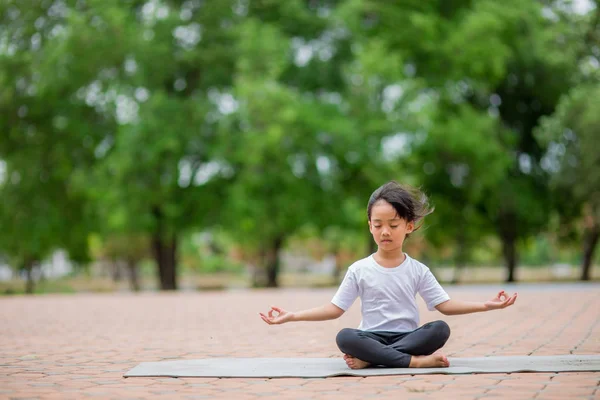 Pequeña chica asiática linda practicando yoga posan en una estera en el parque, Él — Foto de Stock