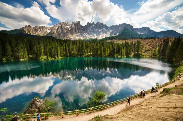 Latemar Reflection Lake Carezza Stock Photo