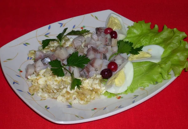 Patates Soğan Yumurta Bir Kare Tabakta Mayonez Ile Ringa Salatası — Stok fotoğraf