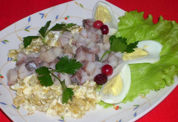 Salada Arenque Com Batatas Ovo Cebola Maionese Uma Chapa Quadrada — Fotografia de Stock