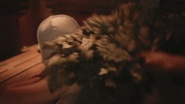 Banyodaki adam, sauna, süzülen meşe dalları, spa tedavileri, masaj meşesi dalları, banyo şapkalı adam, Rus banyosu