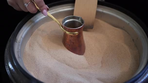 Preparation Turkish Coffee Copper Cezve Hot Sand Old Turkish Way — Stock Video