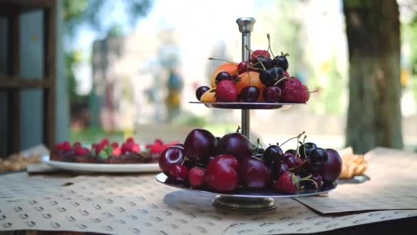 Früchte Einer Vase Pflaumen Pfirsiche Kirschen Aprikosen Himbeeren — Stockvideo