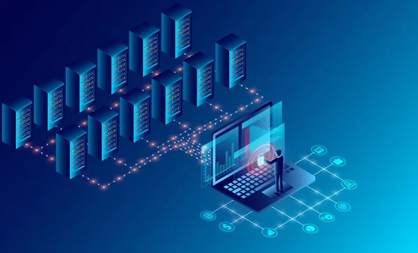 Tecnología de almacenamiento en la nube de la sala de servidores del centro de datos y big data pro — Vector de stock