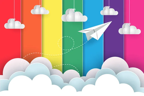 Aviones de papel blanco vuelan en el arco iris de fondo colorido mientras — Vector de stock