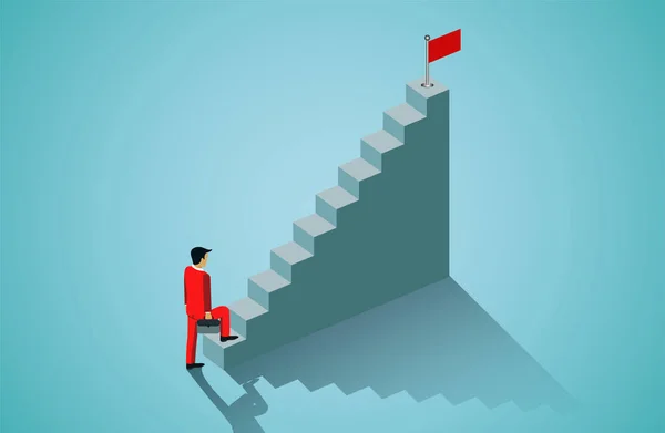 Empresario subiendo escaleras para apuntar a la bandera roja. negocios — Vector de stock