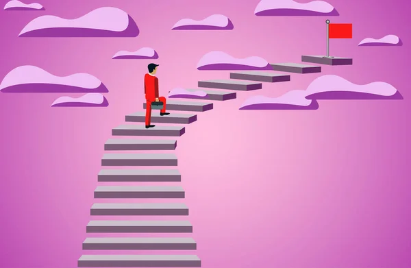 Affärsman gå upp trappa till mål röd flagga — Stock vektor