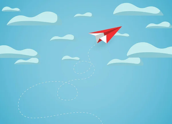 구름 위로 비행하는 동안 하늘로 날아가는 종이 비행기 빨간색 — 스톡 벡터