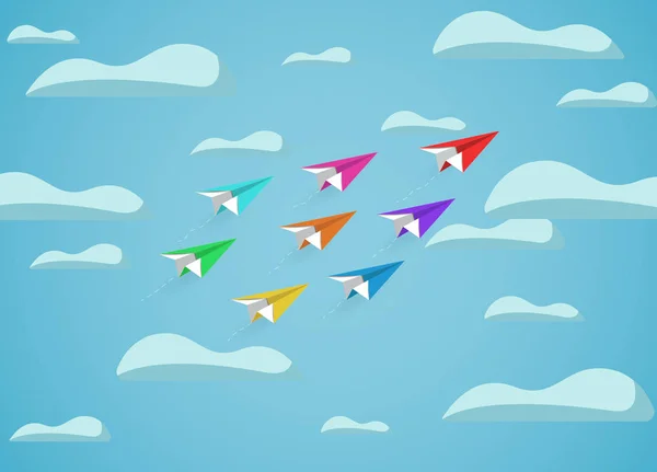 Бумажный самолет красный и красочные конкуренции заряжены до неба — стоковый вектор