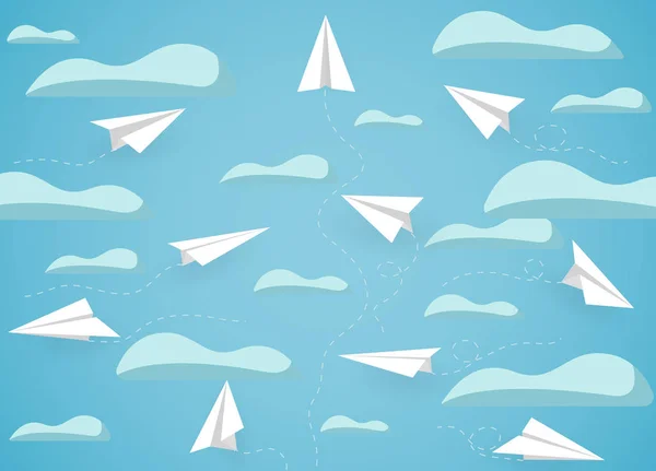 Паперовий літак білий конкурс, заряджений в небо під час польоту — стоковий вектор