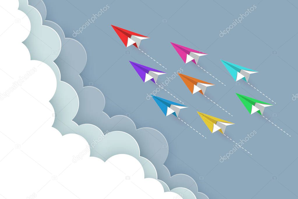 paper airplane colorful fly up to the sky between cloud natural 