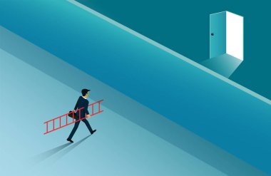 İşadamları, parlak ışıkla açık kapıya geçmek için merdivenleri duvara tutun. iş başarı kavramı. yaratıcı bir fikir. Lider -lik. Başlangıç. illüstrasyon karikatür vektör