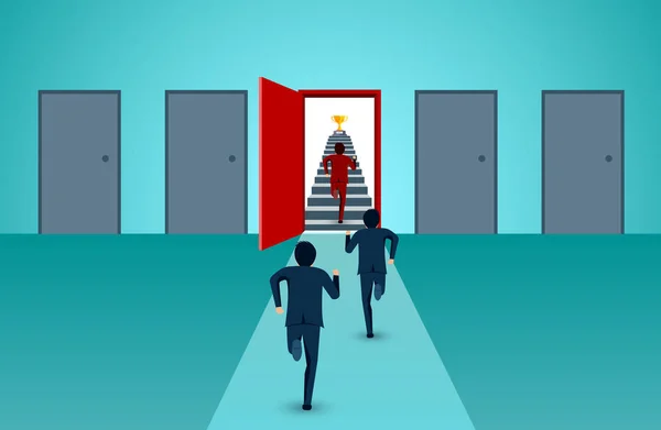 Geschäftsleute rennen die Treppe zur Tür hoch — Stockvektor