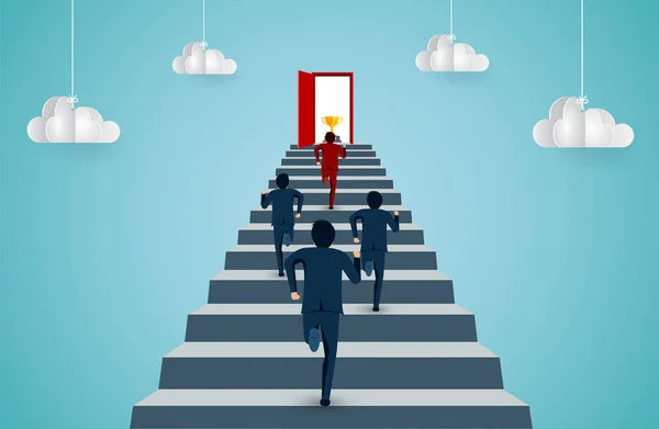 Empresários são competidores subindo a escada até a porta — Vetor de Stock