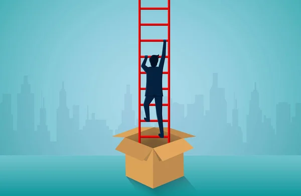 Pensar fuera de la caja. Empresarios subiendo por las escaleras rojas — Vector de stock
