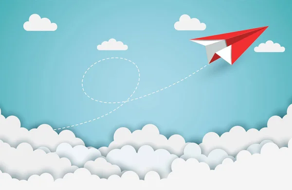 Iş başarı kavramı, kağıt uçak kırmızı gökyüzünde uçan süre — Stok Vektör