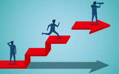 Kırmızı ok üzerinde dürbün tutan işadamları. Iş