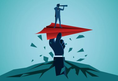 Kırmızı kağıt uçakta dürbün tutan bir Işadamı