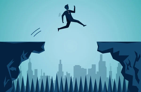 Бізнесмени, які стрибають зі скелі до протилежної скелі, переходять до мети успіху бізнесу — стоковий вектор