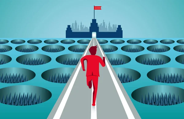 Les hommes d'affaires courent sur la route à travers les obstacles à l'objectif de réussite des entreprises . — Image vectorielle