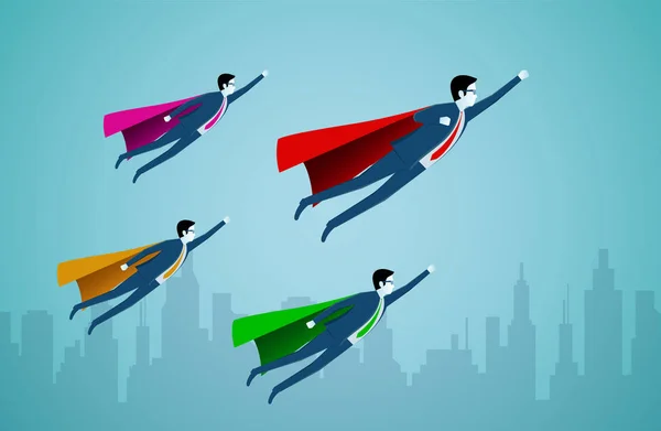 Empresarios exitosos de superhéroes están volando hacia el cielo mientras vuelan sobre una ciudad . — Vector de stock