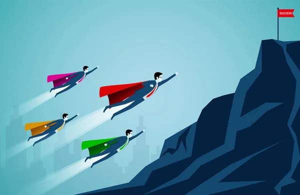 Empresarios exitosos de superhéroes están volando hacia la montaña hacia el objetivo de la bandera roja . — Vector de stock