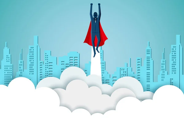 Empresarios exitosos de superhéroes están volando hacia el cielo — Vector de stock