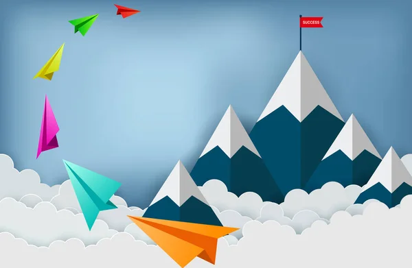 Avión de papel están volando hacia el objetivo de la bandera roja en las montañas mientras vuela por encima de una nube . — Vector de stock