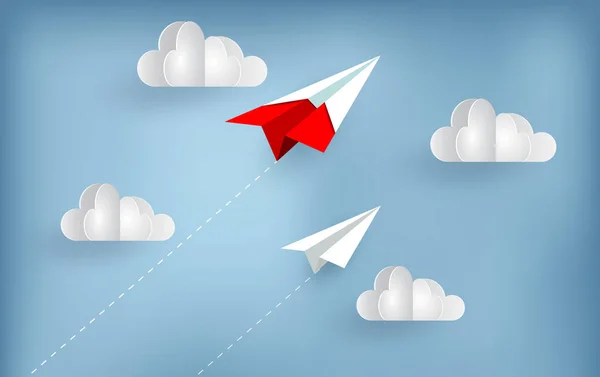 Kağıt uçak bir bulut üzerinde uçarken gökyüzüne uçar. yaratıcı bir fikir. illüstrasyon karikatür vektör — Stok Vektör