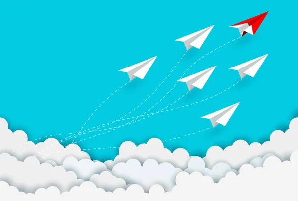 Papier avion rouge et blanc compétition chargé jusqu'au ciel tout en volant au-dessus d'un nuage . — Image vectorielle