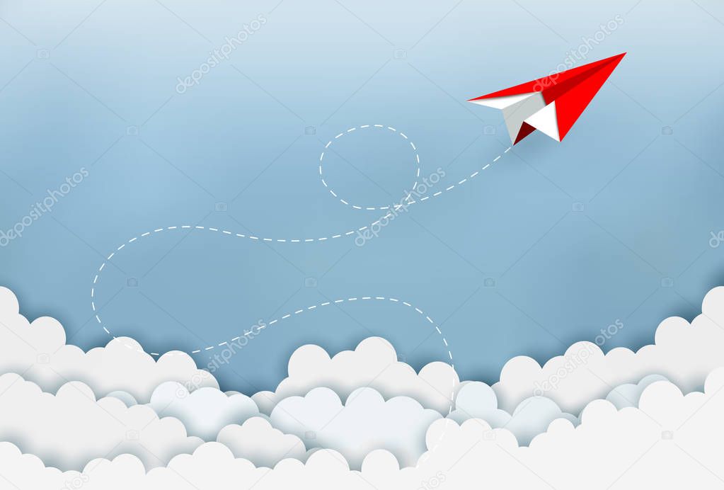 concept of business success, Paper plane red flying on sky between cloud