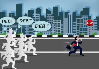 Businessman or manager run away from big debt. With many creditors chasing him.