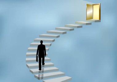 Businessmen walk up the stairs to the door. Step up the ladder