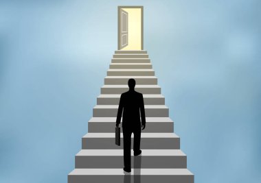 Businessmen walk up the stairs to the door. Step up the ladder