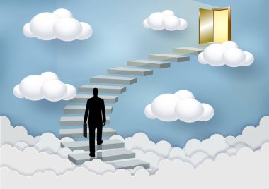 Businessmen walk up the stairs to the door in the sky above