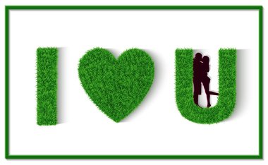 Yeşil çimen mektubu. Seni seviyorum. Ben kalp u. Telefon Günü tebrik kartı ile hat ile. Erkekler ve kadınlar bir arada dururlar. Birbirinizle sevgi gösterin. Beyaz arka plan Vektör çizimlerinden izole