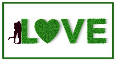 Yeşil çimen mektubu. Seni seviyorum. L, Kalp, V, E. Sevgililer Günü. Erkekler ve kadınlar bir arada dururlar. Birbirinizle sevgi gösterin. Beyaz arka plan Vektör çizimlerinden izole