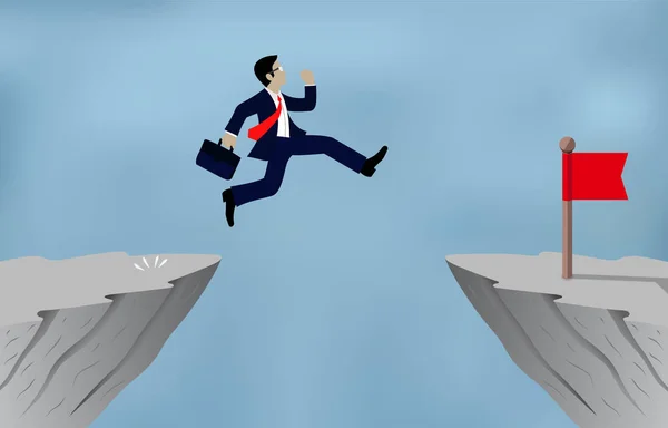 Businessman jumping over obstacles over chasm — 스톡 벡터