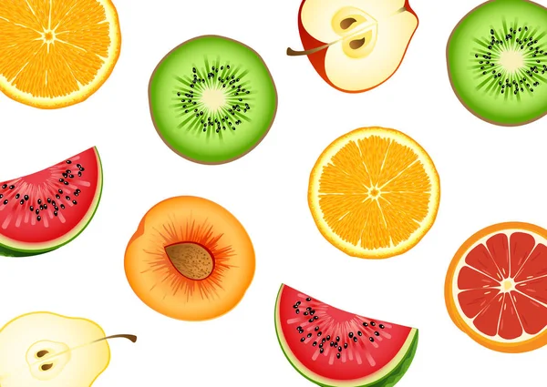 Yarım kesilmiş meyve çeşitleri vardır. Karpuz, portakal, elma, beyaz arka plan da. Vektör çizimleri