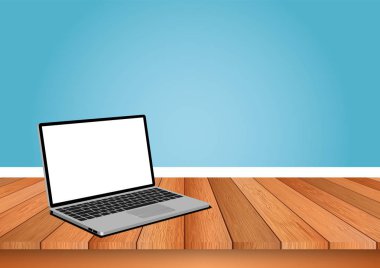 Dizüstü bilgisayar arka mavi bir oda ile ahşap bir zemin üzerinde yer almaktadır