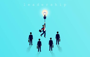 Bir ampul üzerinde uçan işadamı, liderlik kavramı. 