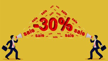 Elinde megafon olan bir işadamı. Satış % 30 Metin ile Duyuru. Ticari Tanıtım Afişi. Sarı bir arka plan üzerinde. Karikatür. Vektör çizimleri