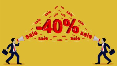 Elinde megafon olan bir işadamı. Satış % 40 Metin ile Duyuru. Ticari Tanıtım Afişi. Sarı bir arka plan üzerinde. Karikatür. Vektör çizimleri