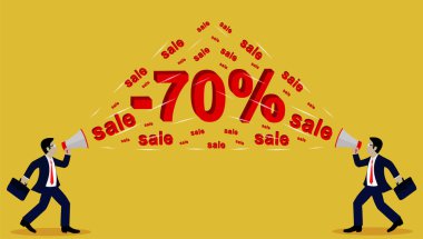 Elinde megafon olan bir işadamı. Satış % 70 Metin ile Duyuru. Ticari Tanıtım Afişi. Sarı bir arka plan üzerinde. Karikatür. Vektör çizimleri